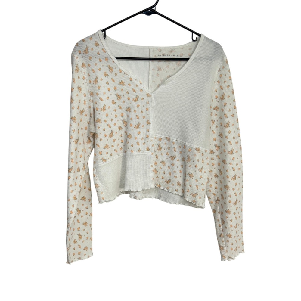 Cottagecore American Eagle Floral Patchwork Thermal Top XL White Orange Coquette